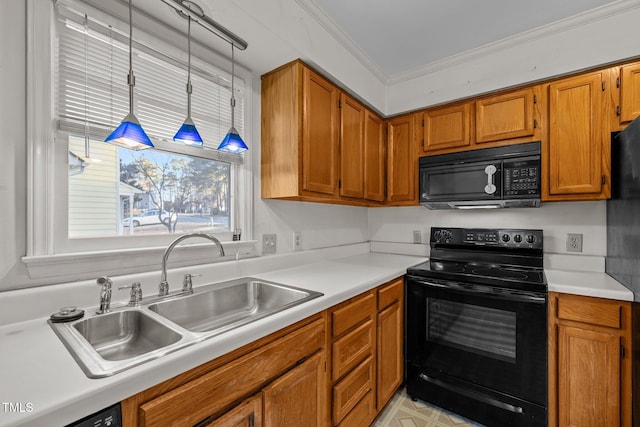 kitchen with black appliances, sink, ornamental molding, and pendant lighting