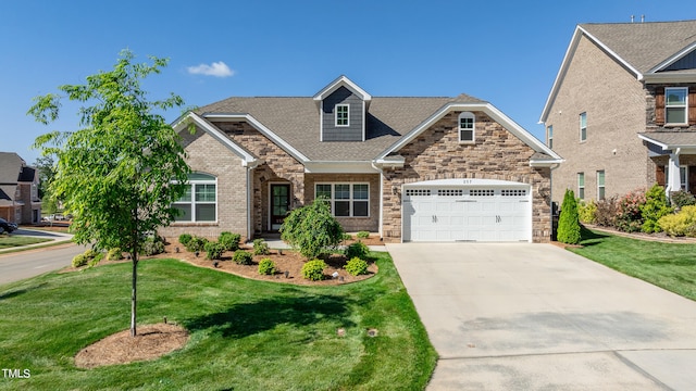 craftsman-style home with a front lawn and a garage