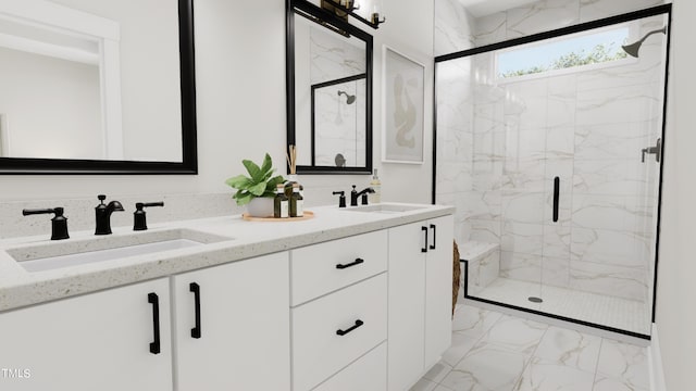 full bath with a marble finish shower, marble finish floor, and a sink