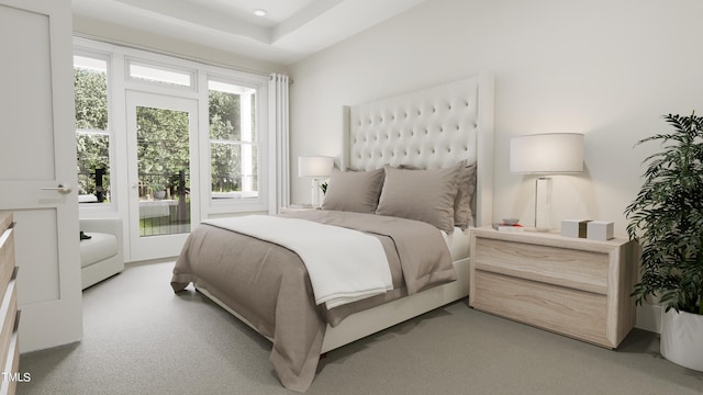 bedroom with access to exterior and light colored carpet