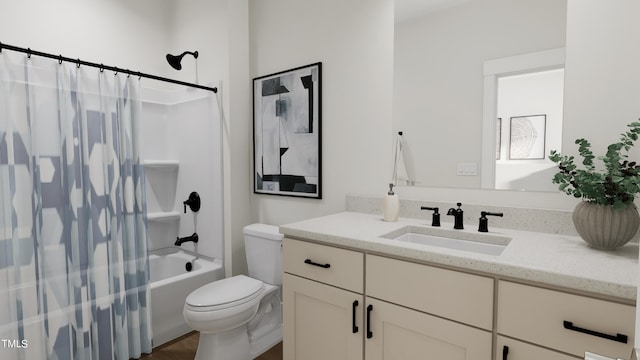 bathroom with vanity, toilet, and shower / tub combo with curtain