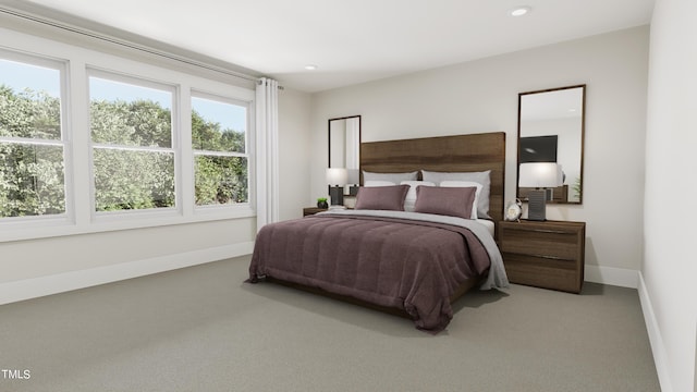 bedroom featuring recessed lighting, carpet, and baseboards