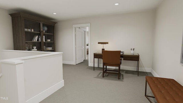 carpeted home office featuring recessed lighting and baseboards