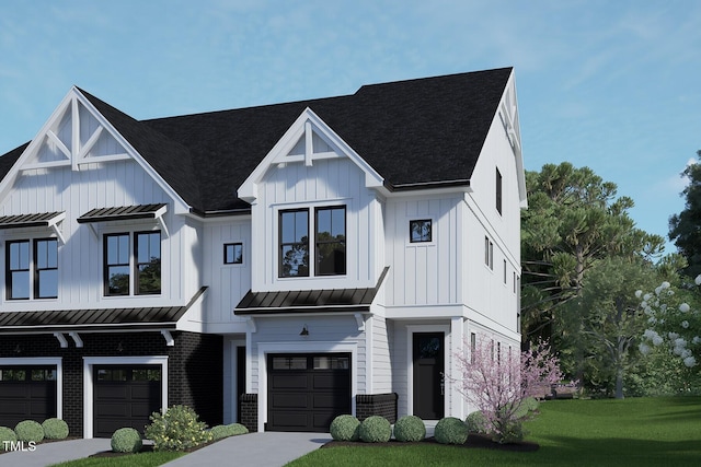 modern farmhouse style home with a standing seam roof, board and batten siding, an attached garage, metal roof, and brick siding