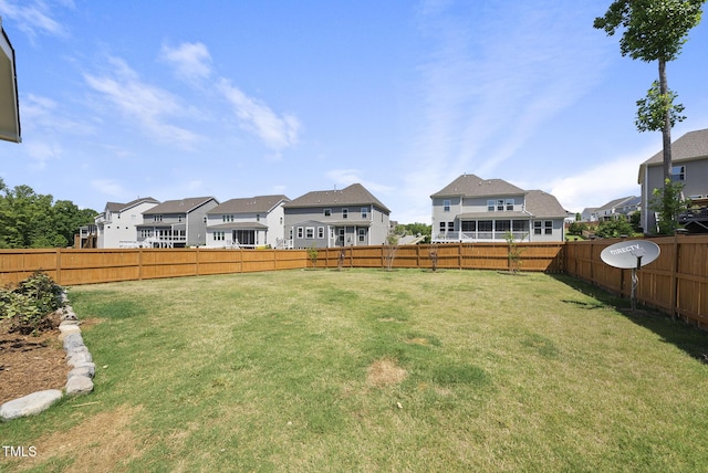 view of yard with a fenced backyard and a residential view