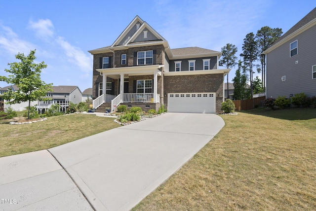 craftsman-style home with a garage, covered porch, a front yard, brick siding, and concrete driveway
