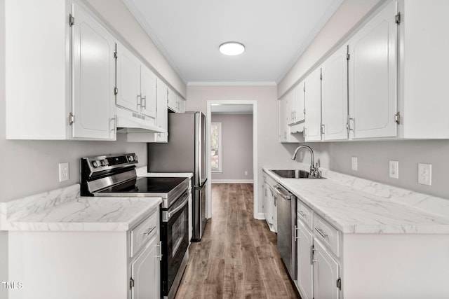 kitchen with black range with electric stovetop, white cabinetry, sink, stainless steel dishwasher, and crown molding