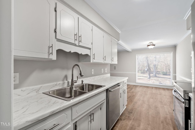 kitchen with white cabinets, crown molding, sink, appliances with stainless steel finishes, and light hardwood / wood-style floors