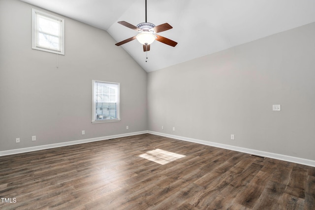 unfurnished room featuring dark hardwood / wood-style floors, high vaulted ceiling, and ceiling fan