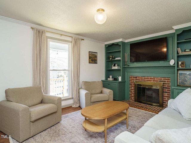 living room featuring a brick fireplace, ornamental molding, and a healthy amount of sunlight