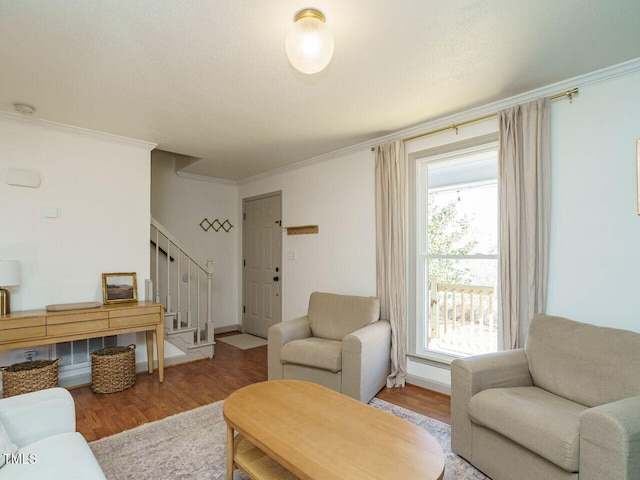 living room with ornamental molding, light hardwood / wood-style floors, and plenty of natural light