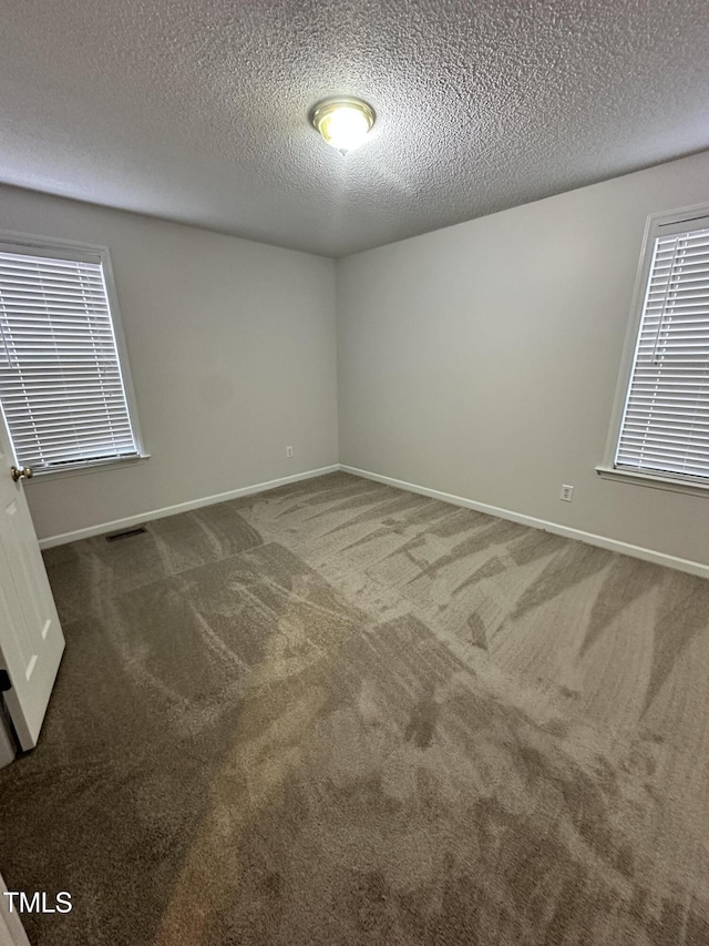 carpeted empty room featuring a textured ceiling