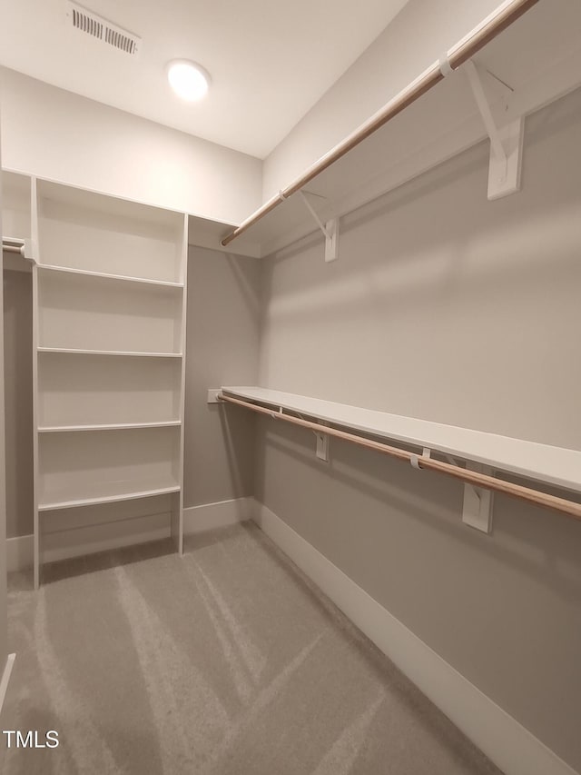 spacious closet featuring visible vents and light carpet