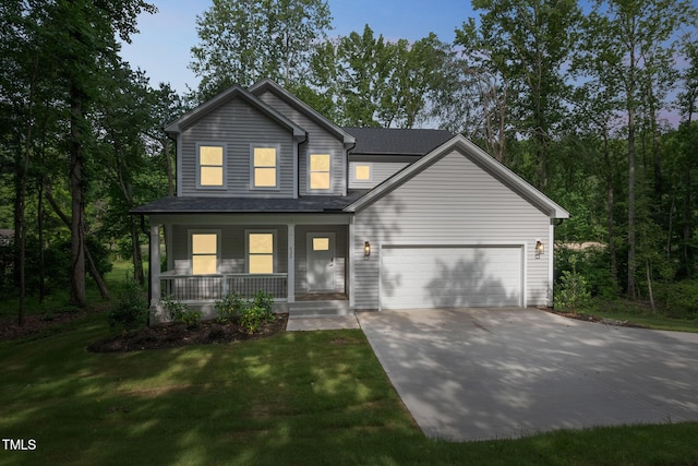 632 Angus Ct, Sanford, NC 27332 - traditional home featuring covered porch, an attached garage, concrete driveway, and a front lawn