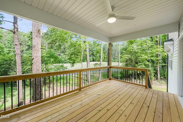 632 Angus Ct, Sanford, NC 27332 - wooden deck featuring ceiling fan and view of scattered trees