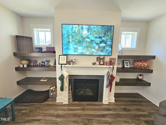 living room with plenty of natural light and dark hardwood / wood-style floors