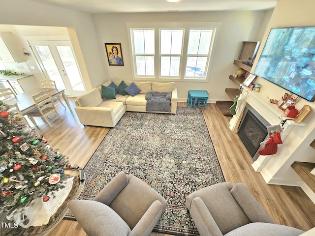 living room with a wealth of natural light, french doors, and light hardwood / wood-style floors