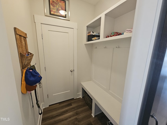 mudroom with dark wood finished floors