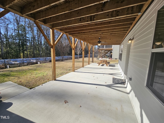 view of patio featuring ceiling fan and fence