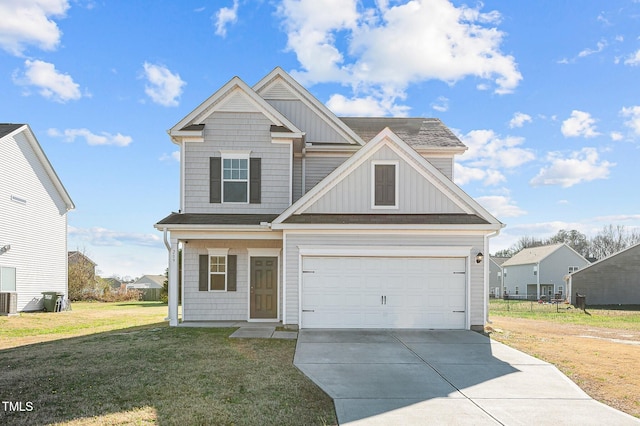 craftsman inspired home featuring central AC, a garage, and a front lawn