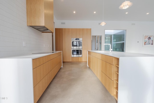 kitchen with sink, backsplash, black electric stovetop, custom exhaust hood, and stainless steel double oven