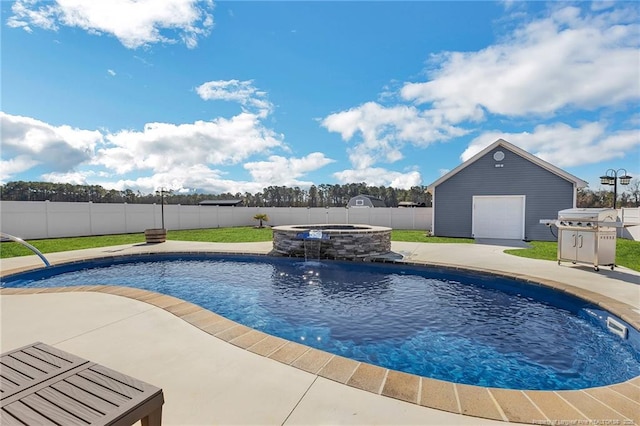 view of pool featuring area for grilling, an outbuilding, and an in ground hot tub