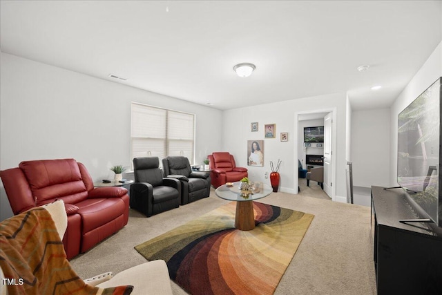 living room with light colored carpet