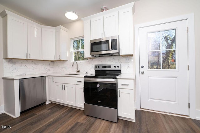 kitchen with sink, decorative backsplash, dark hardwood / wood-style flooring, white cabinetry, and stainless steel appliances