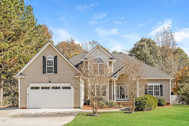 traditional-style house featuring driveway, a shingled roof, and a front yard