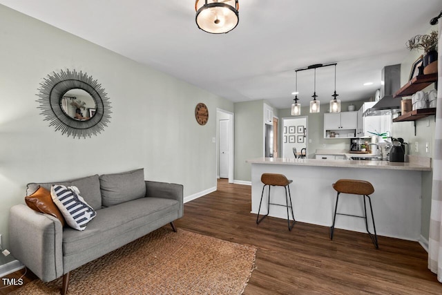 living room with sink and dark hardwood / wood-style flooring