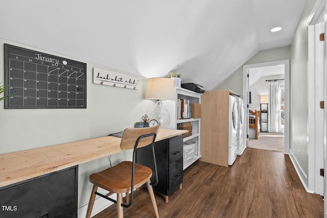 office area with vaulted ceiling and dark hardwood / wood-style floors