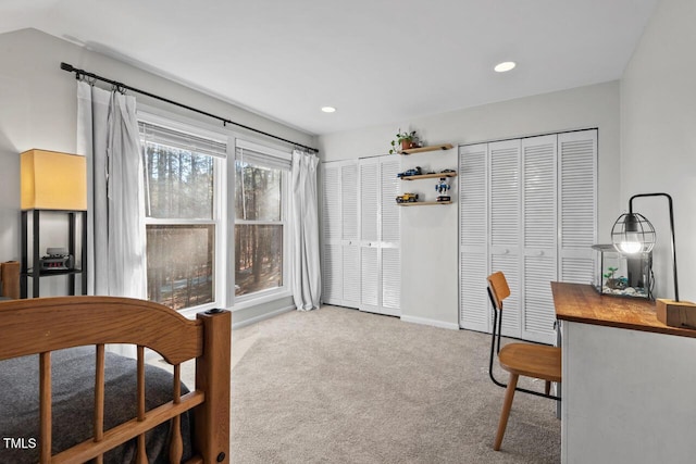 bedroom with multiple closets and carpet floors