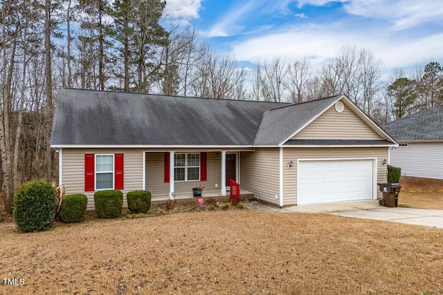 single story home featuring a garage, a porch, and a front lawn