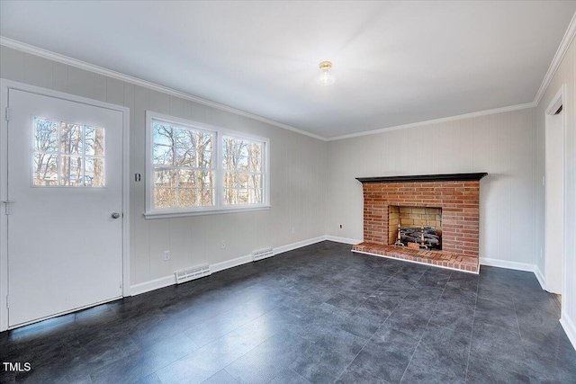 unfurnished living room with a brick fireplace and ornamental molding