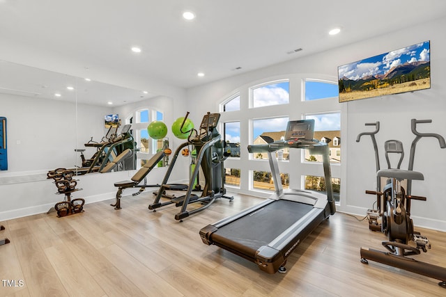 exercise area with light hardwood / wood-style flooring