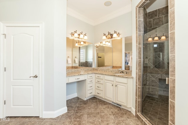 bathroom featuring a shower with door, tile patterned floors, vanity, and crown molding