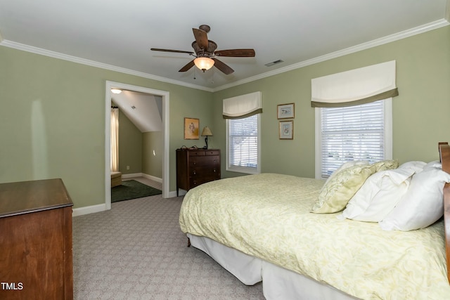 bedroom with ceiling fan, light colored carpet, and ornamental molding