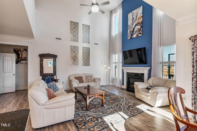 living room with a high ceiling, ceiling fan, and hardwood / wood-style floors