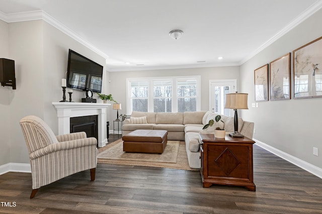 living room with ornamental molding and dark wood-type flooring