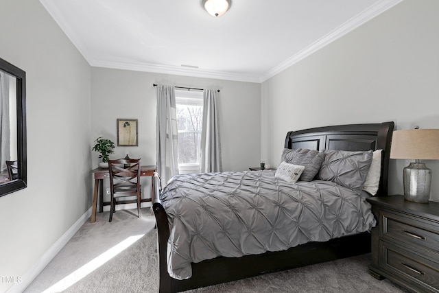 carpeted bedroom featuring crown molding