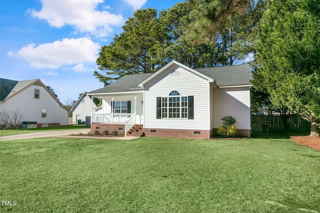 view of front of house featuring central air condition unit, a front lawn, and a porch