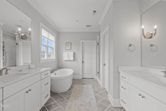 bathroom featuring vanity, crown molding, and plus walk in shower