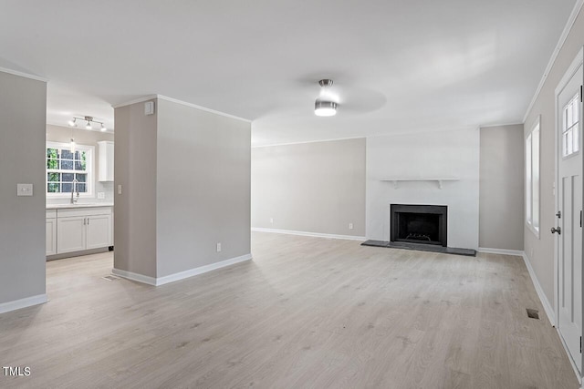 unfurnished living room featuring light hardwood / wood-style flooring and ornamental molding