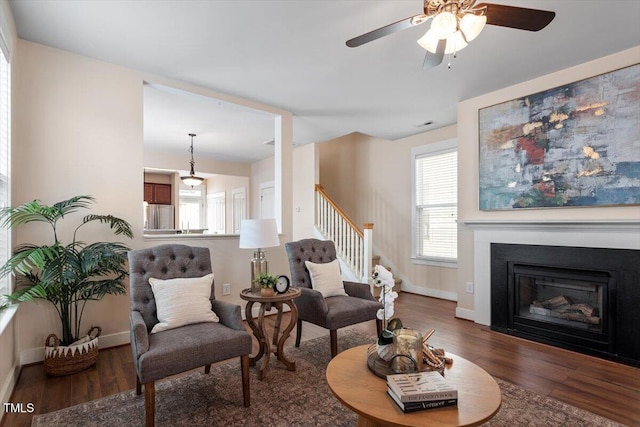 living room with ceiling fan and dark wood-type flooring