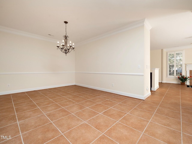 tiled empty room featuring crown molding and a notable chandelier