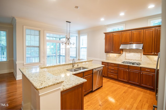 kitchen featuring a sink, ornamental molding, stainless steel appliances, under cabinet range hood, and tasteful backsplash