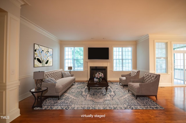 living room with baseboards, a fireplace, wood finished floors, and crown molding