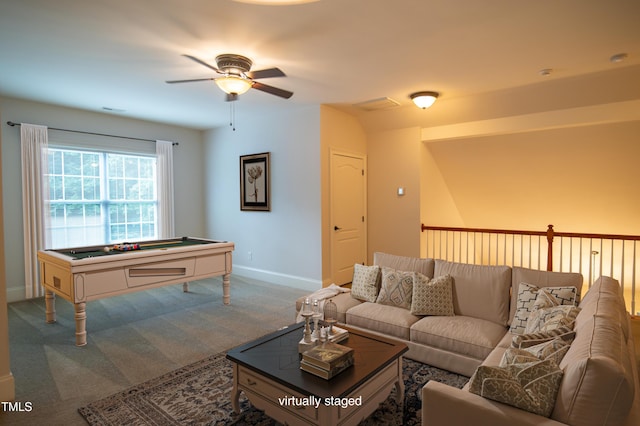 carpeted living area with visible vents, pool table, a ceiling fan, and baseboards