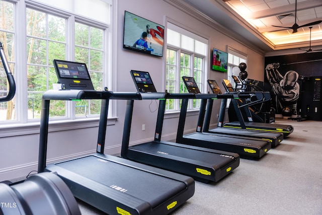 exercise room featuring visible vents and ornamental molding