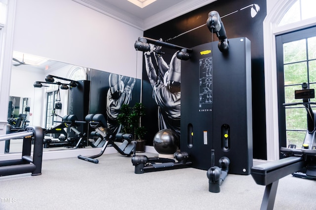 exercise room featuring crown molding